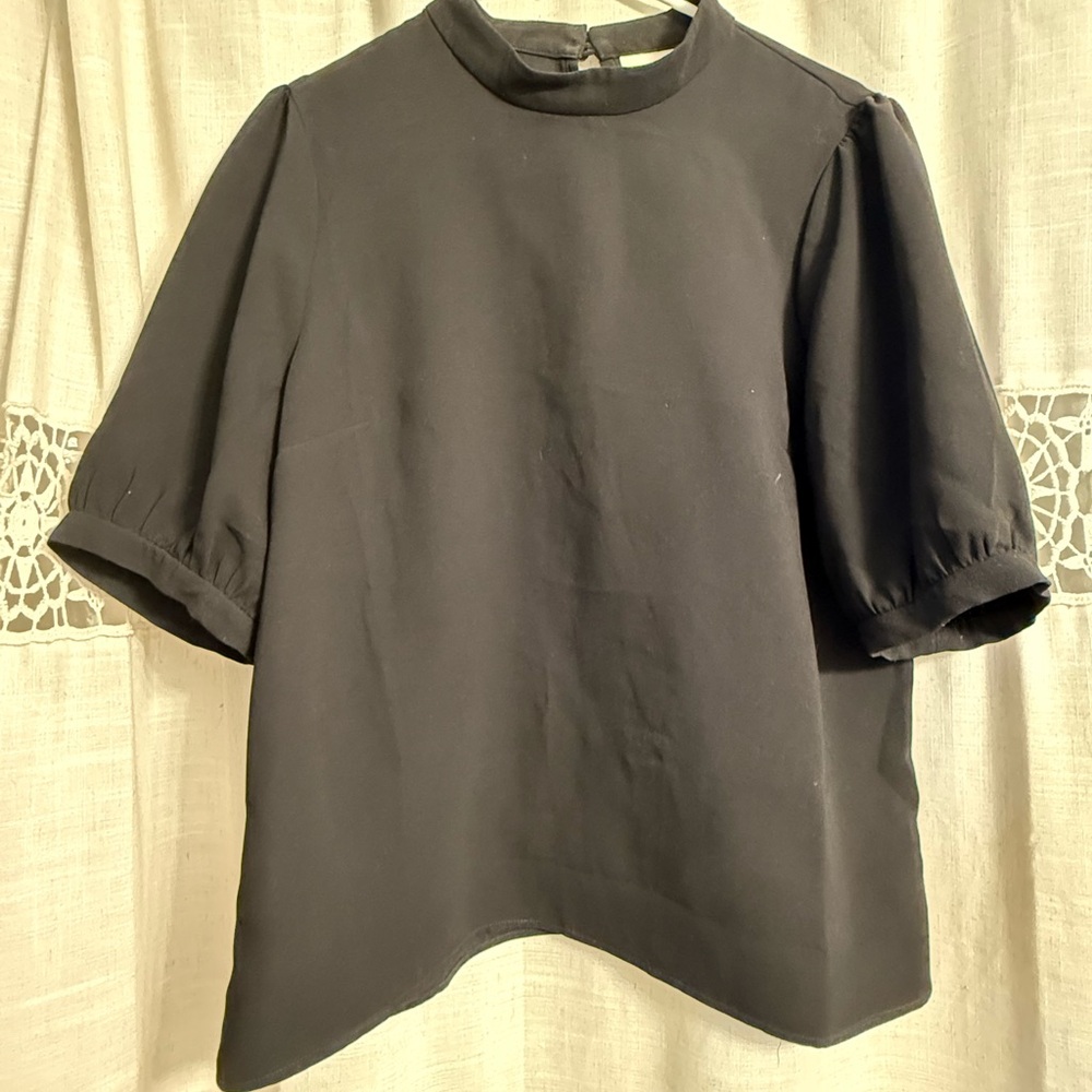 Maeve Anthropologie Black Puff Sleeve Mock Neck Blouse
